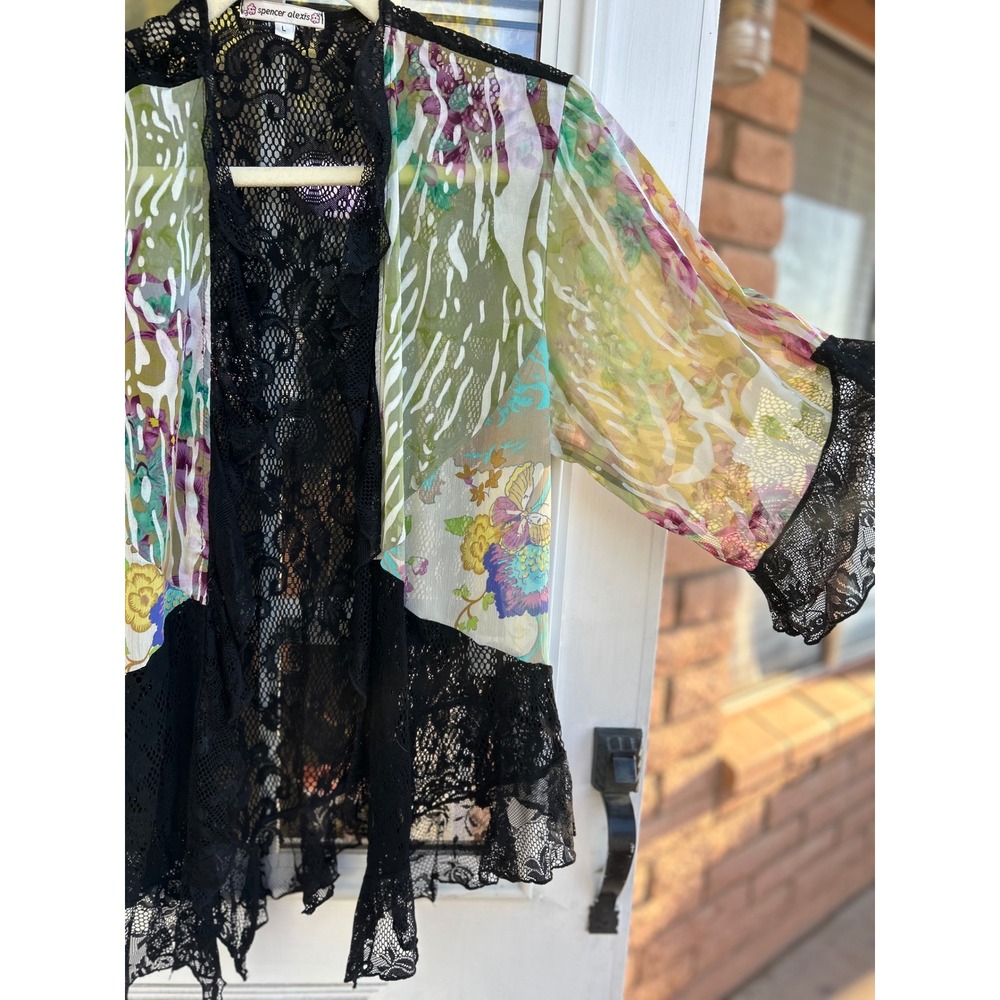 Spencer Alexis Silk Blend Floral Lace Kimono Wrap Top Large Art to Wear Boho - Picture 6 of 9